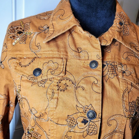 Hearts Of Palm Women's Brown Jeweled Floral Button Front Collared Jacket Sz 10 - Picture 9 of 17